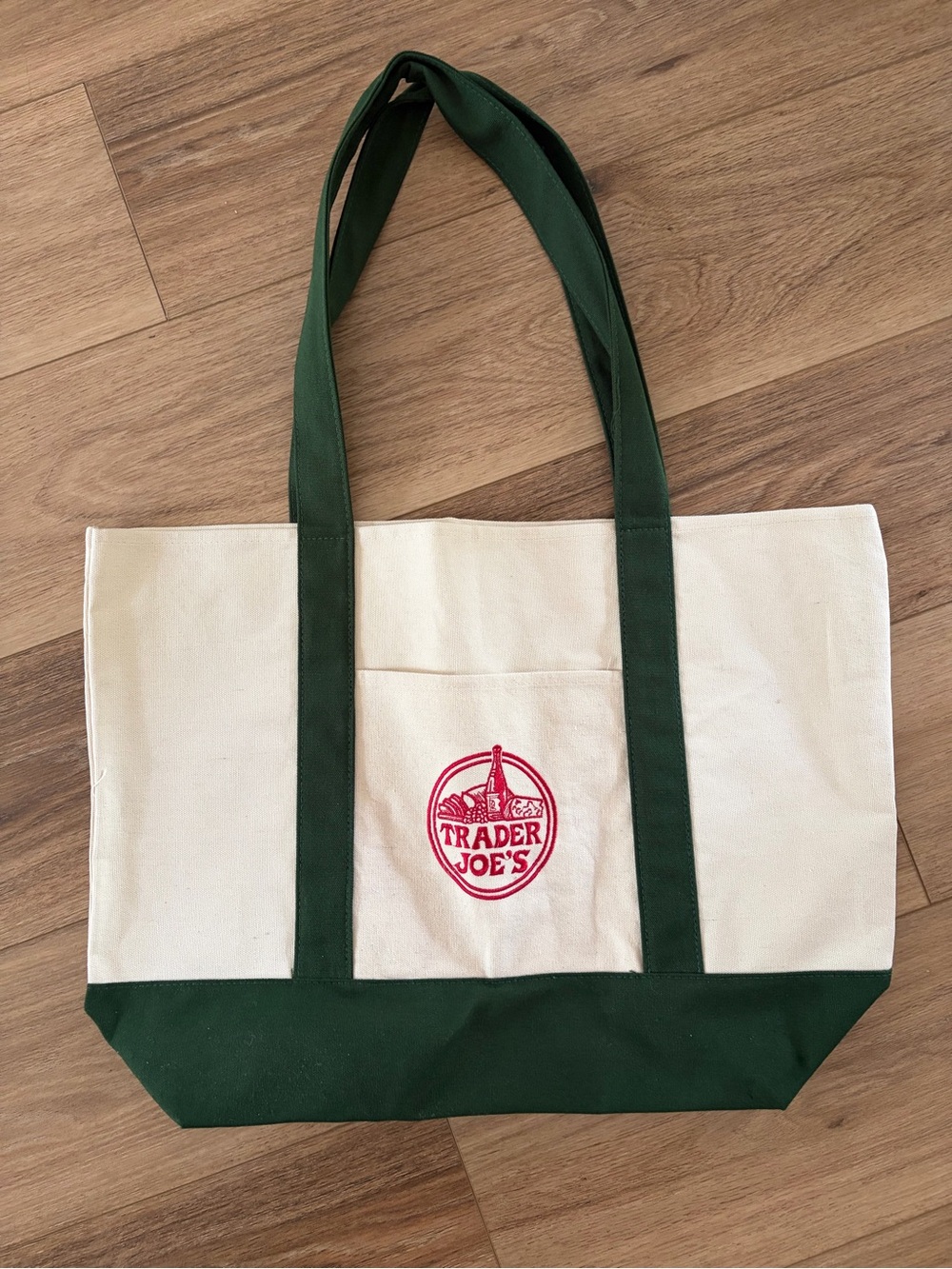 Trader Joe's Canvas Tote Bag in Cream and Forest Green with Red Logo BRAND NEW